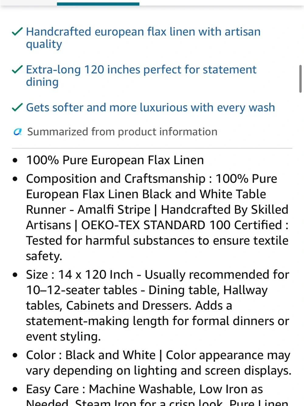 Solino Home 100% Pure Linen Table Runner, 14 x 120 in, Black, Amalfi Stripe new